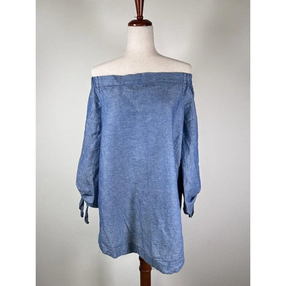 Free People Denim Off The Shoulder Top Size Medium Chambray Blouse Blue Summer - Picture 1 of 16